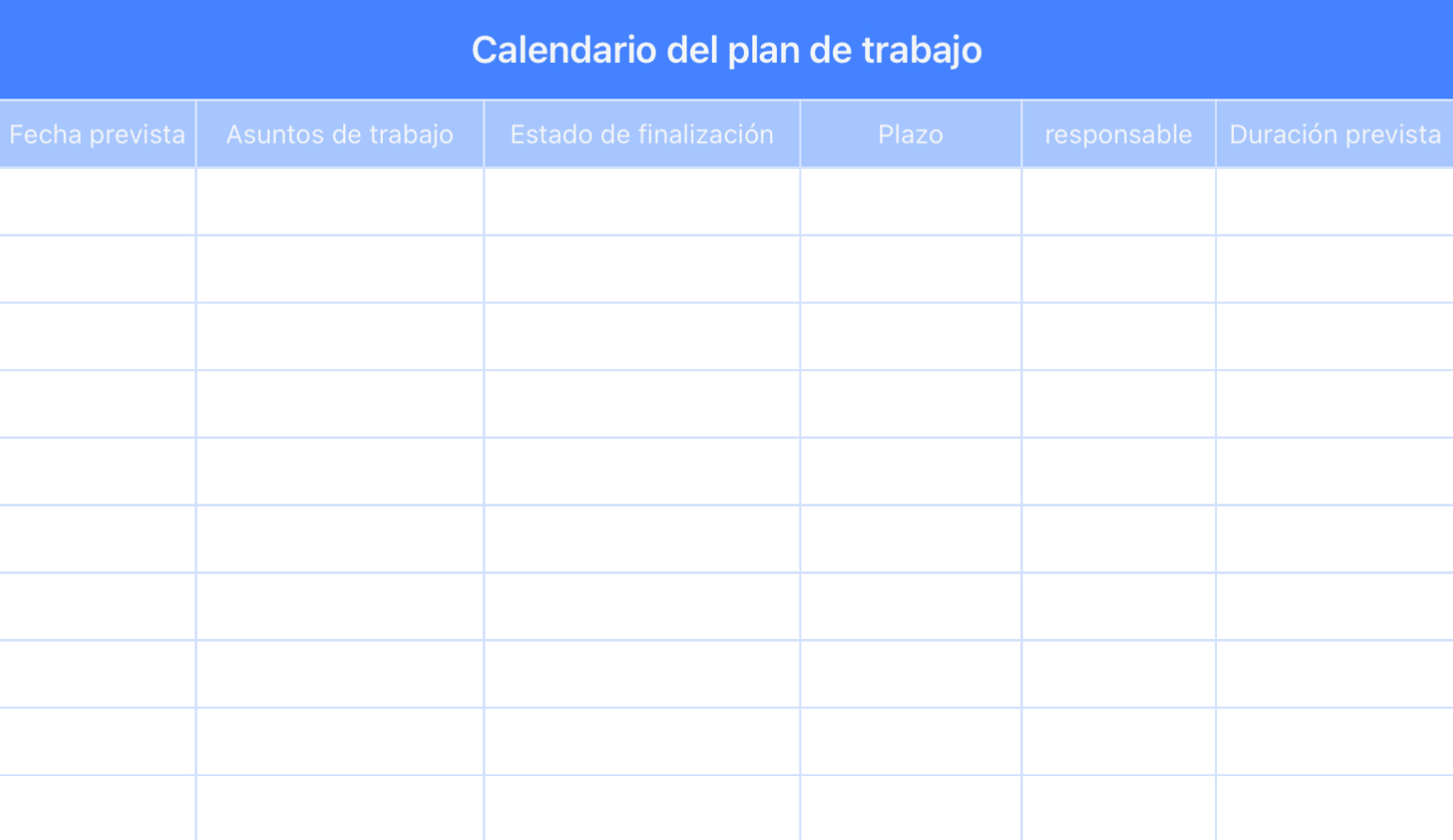Calendario del plan de trabajo